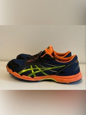 Asics Navy Blue Running Shoe with Orange and Lime Accents